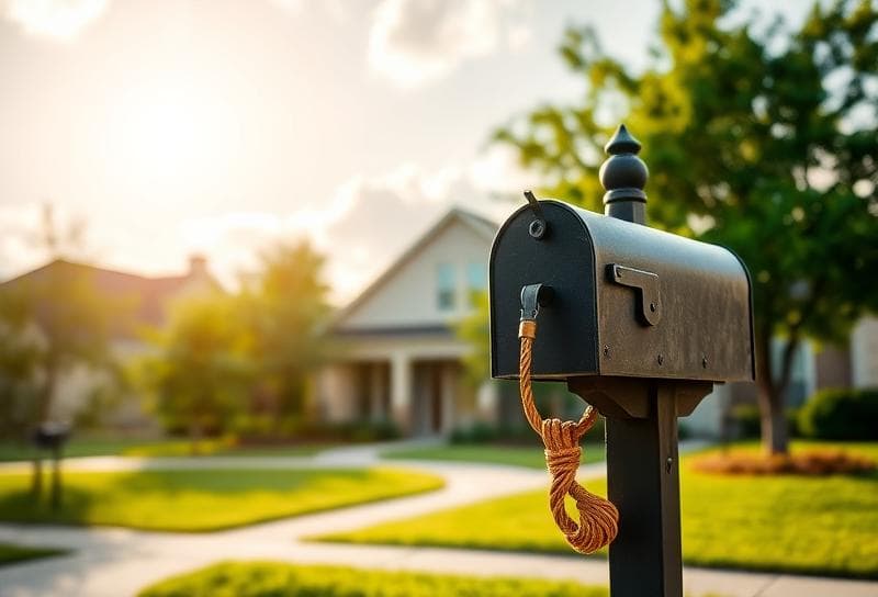 Modern Houston suburban home with lush greenery and a lasso-shaped mailbox under a bright Texas