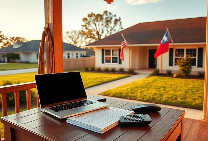 Professional desk with property tax documents and lasso on a Houston porch, symbolizing expert guidance