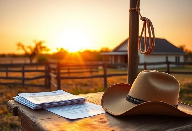 Texas ranch sunset with property tax documents, cowboy hat, and lasso symbolizing farm land tax
