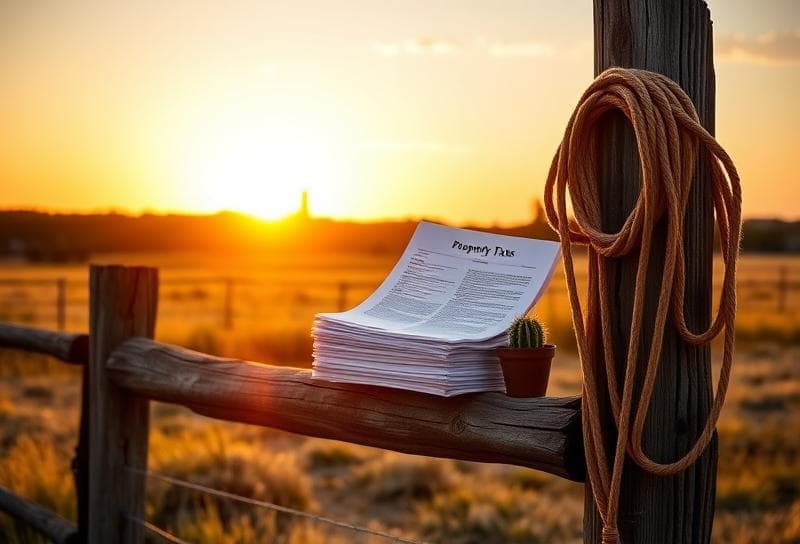 Sunset over a Texas ranch with a lasso, property tax documents, and a cactus on