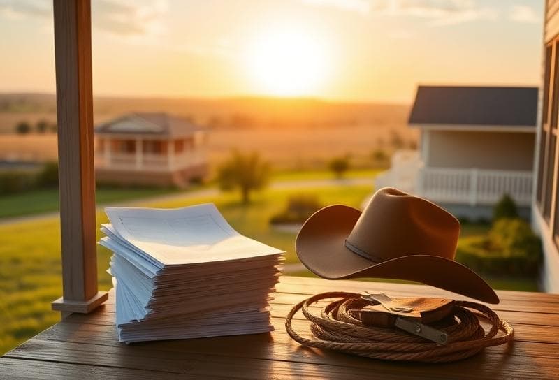 Suburban Houston home with cowboy hat, lasso, and property tax documents symbolizing Memorial Village property