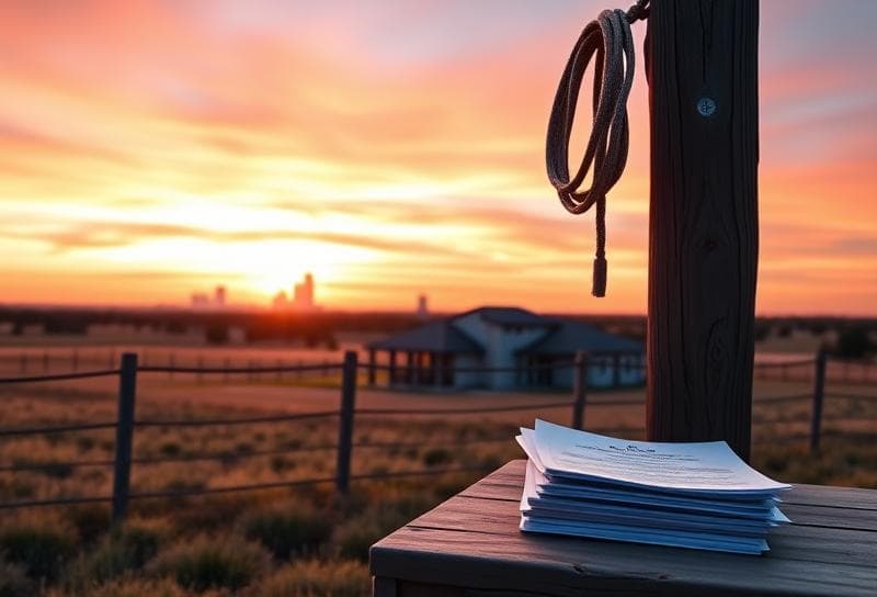 Texas ranch sunset with modern home, lasso on fence, and property documents symbolizing tax breaks