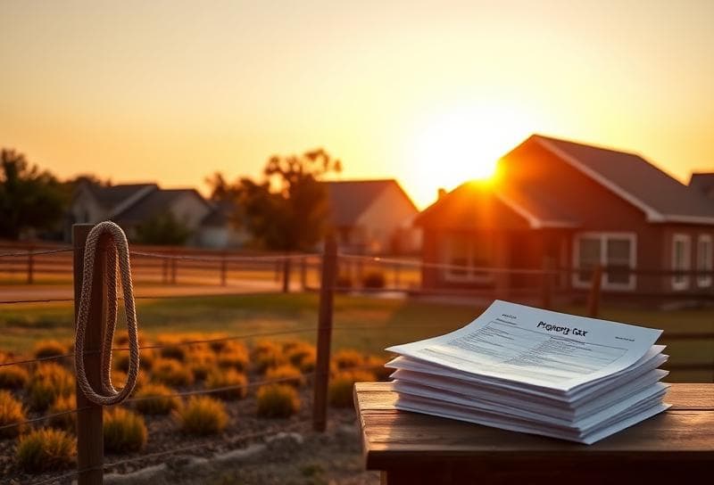 Texas ranch home at sunset with property tax documents, lasso, and suburban Houston backdrop.