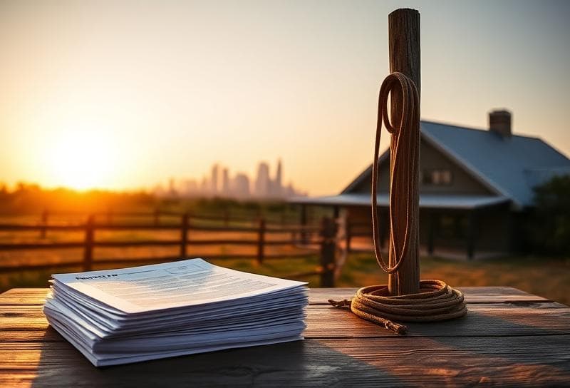 Texas ranch sunset with property tax documents, lasso, and Houston skyline backdrop.