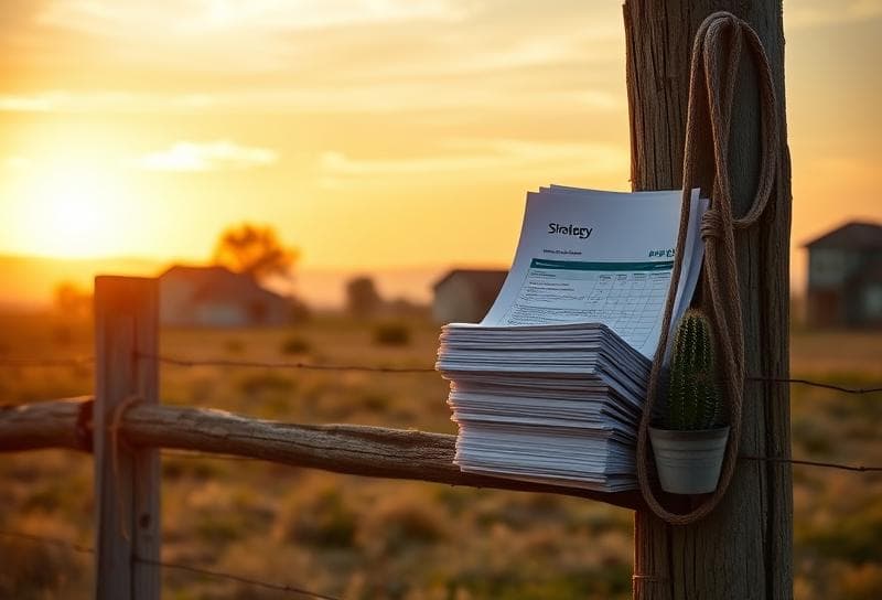 Sunset Texas ranch with lasso, property tax documents, and Houston suburb in the distance, symbolizing