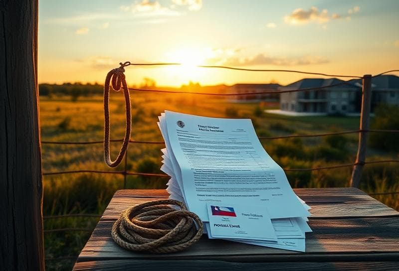 Texas ranch sunset with property tax documents, lasso, and property ID card on rustic table.