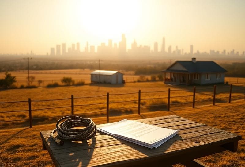 Texas ranch home with Houston skyline, property documents, and lasso on rustic table.