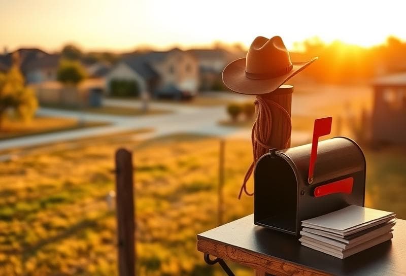 Sunlit Houston suburban home with cowboy hat and lasso on fence, symbolizing Texas property tax