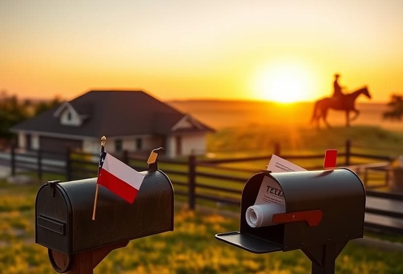 Sunset over a Texas ranch with a Houston suburban home, cowboy silhouette, and property tax
