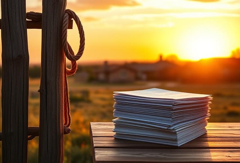 Sunset Texas ranch with Houston suburbs, lasso on fence, and property tax documents on rustic