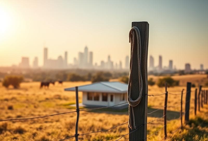 Sunlit Texas ranch with modern commercial property, lasso on fence, Houston skyline backdrop, golden-hour lighting.