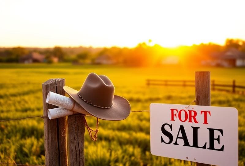 Texas ranch sunset with suburban Houston neighborhood, cowboy hat, and property tax document tied with