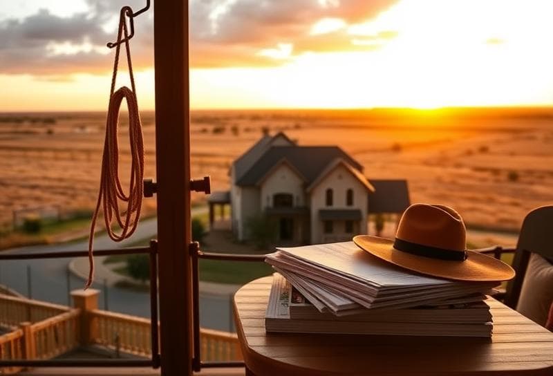 Texas ranch sunset with Houston-style home, lasso, and property documents for estimating market value.