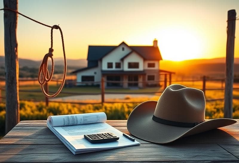 Texas ranch sunset with Houston-style home, lasso, and property documents symbolizing value tax concepts.