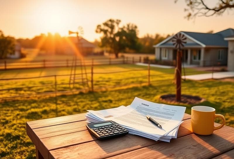 Texas ranch home with property tax documents and calculator on a rustic table, blending western