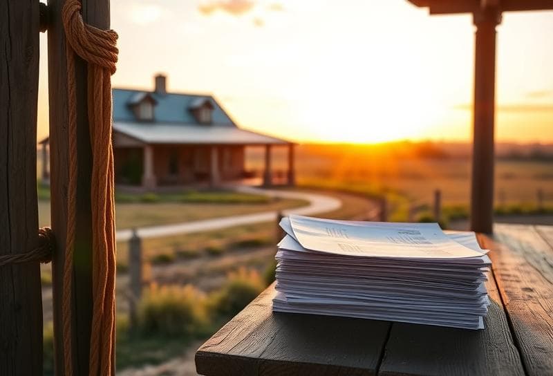 Texas ranch sunset with Houston skyline, lasso on fence, and property tax documents under equal