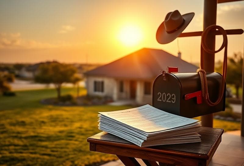 Modern Houston suburban home with Texas ranch landscape, cowboy hat, and property tax documents on