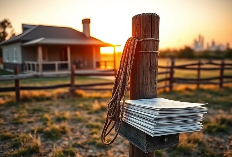 Texas ranch sunset with lasso, property tax documents, and Houston skyline for resolute tax protest