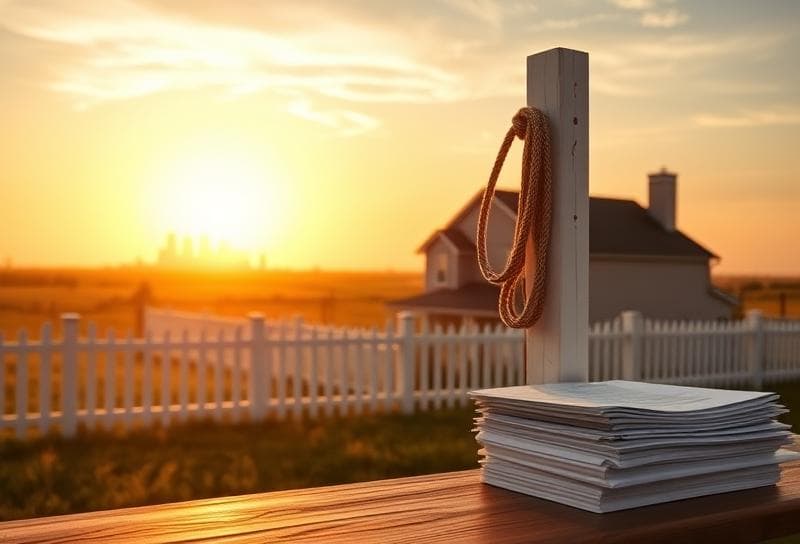 Sunlit Texas ranch home with Houston skyline, lasso on fence, and property tax documents.