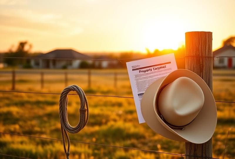 Golden hour Texas ranch with Houston suburbs, lasso, and property tax document symbolizing national tax