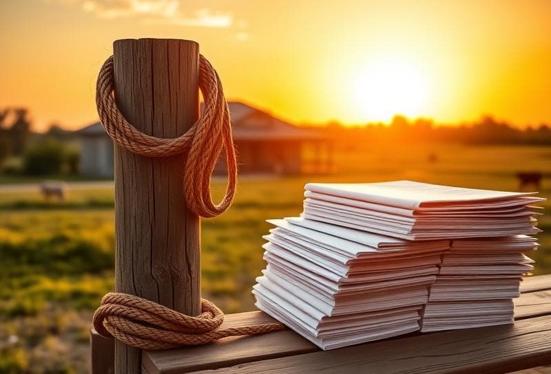 Texas ranch sunset with lasso, property tax documents, and grazing cattle, emphasizing revenue tax compliance