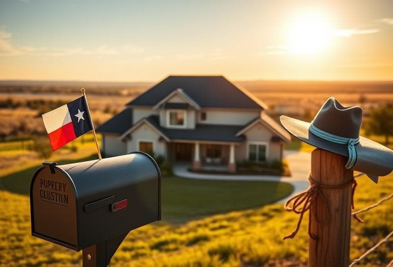Modern Houston suburban home with Texas ranch landscape, lasso-tied tax document, and cowboy hat silhouette
