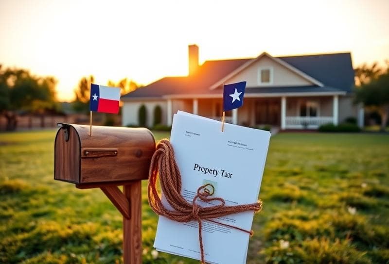 Texas ranch sunset with a Houston-style home, wooden mailbox, and back tax documents tied with