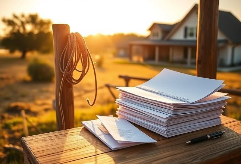 Sunlit Texas ranch with Houston home, lasso on fence, and property tax documents on rustic