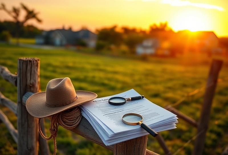 Sunset over a Texas ranch with a cowboy hat, lasso, and property tax documents on
