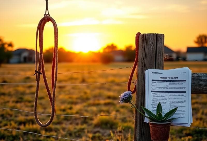 Weathered wooden fence with a lasso, Texas bluebonnet, and property tax documents under a Houston