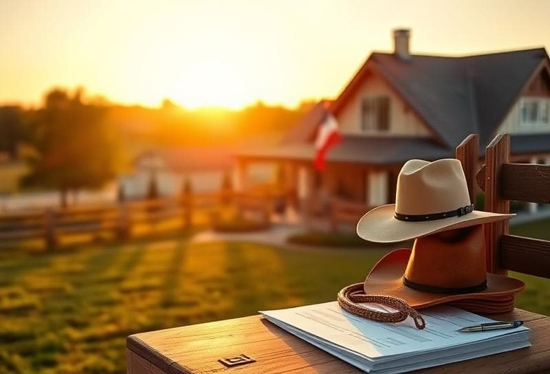 Sunlit Texas ranch with a Houston suburban home, cowboy hat, lasso, and property tax documents