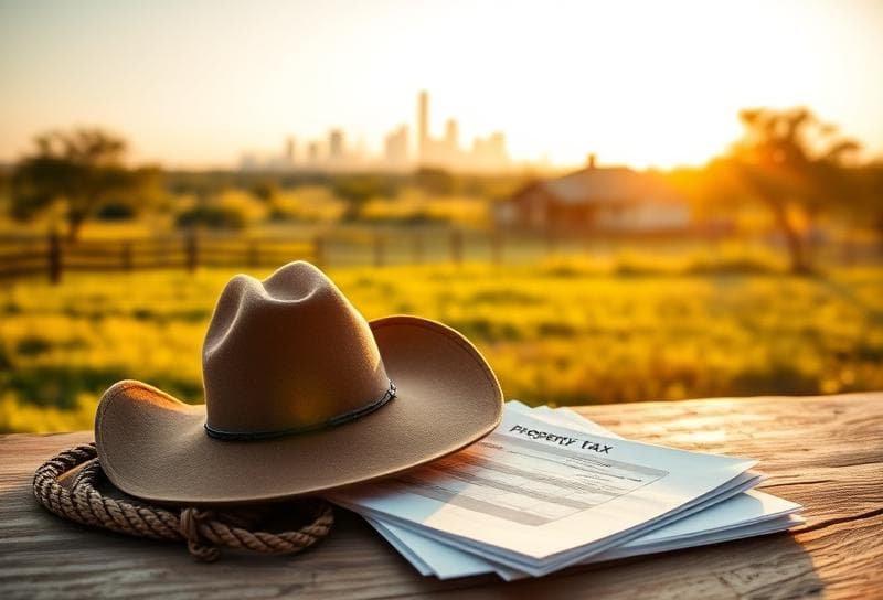 Texas ranch with Houston skyline, cowboy hat, and property tax documents for real estate investors.