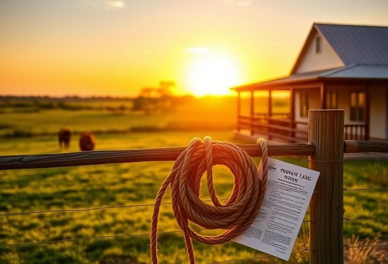 Texas ranch at sunset with a lasso-draped fence, grazing cattle, and property tax document on