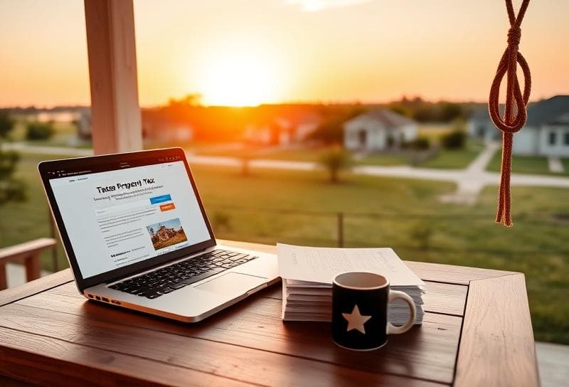 Texas ranch sunrise with Houston suburbs, desk setup for new tax relief program application, lasso