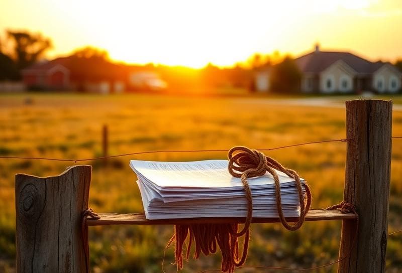 Texas ranch sunset with property tax documents and lasso, blending Houston suburban and rural themes.