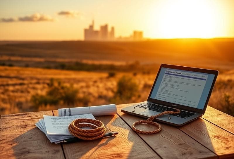 Rustic Texas ranch table with property tax documents, laptop, and lasso, Houston skyline in background,