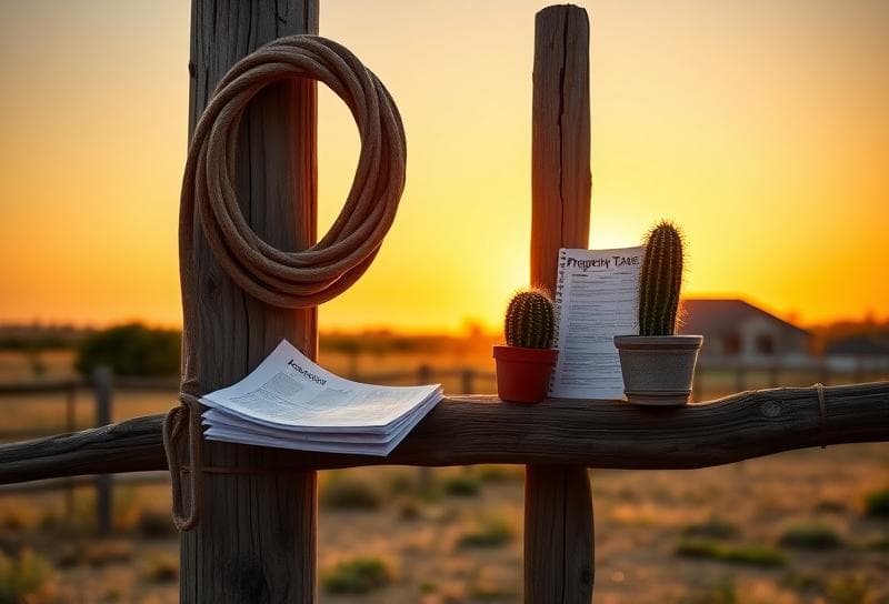Serene Texas ranch sunset with property tax documents and lasso on a weathered fence, symbolizing