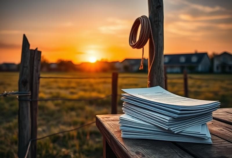 Texas ranch sunset with Houston suburbs, lasso on fence, and property tax documents on rustic