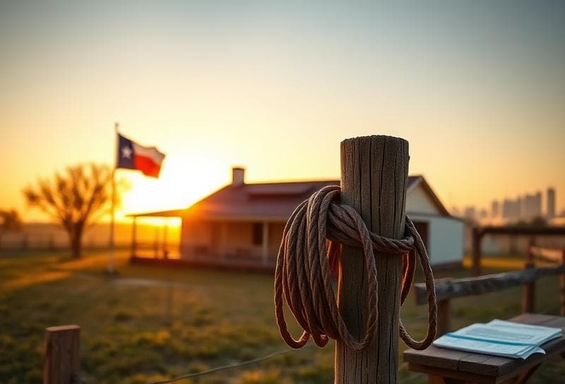 Texas ranch at sunset with lasso on fence, Houston skyline, and property tax appeal documents