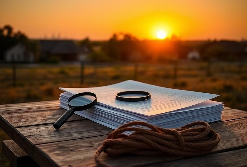 Texas ranch sunset with property tax documents, lasso, and Houston skyline, symbolizing diligence in personal