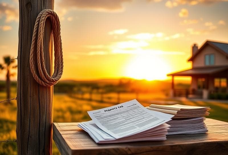 Sunset over a Texas ranch with suburban home, lasso on fence, and property tax documents