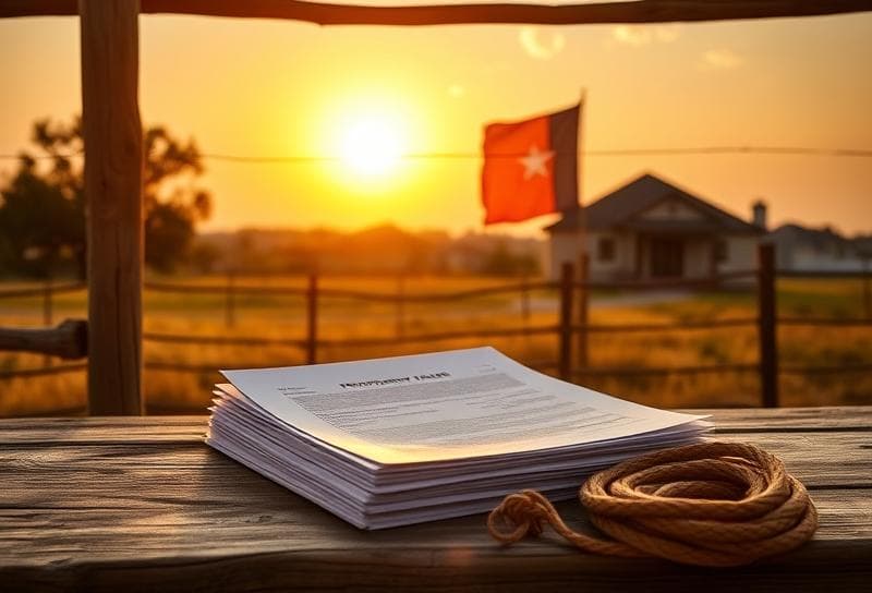 Texas ranch landscape with property tax documents and lasso, Houston neighborhood in background, Texas flag