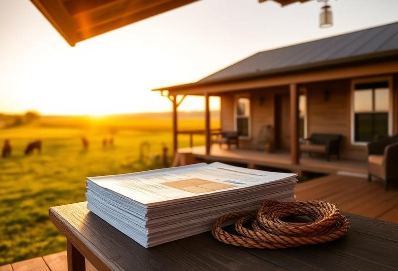 Rustic Texas ranch with property tax documents and lasso on porch, golden hour setting.
