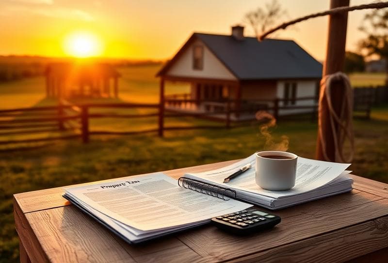 Texas ranch sunset with suburban home, lasso on fence, and property tax documents on rustic