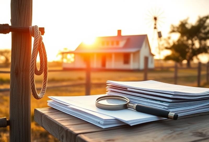 Golden hour Texas ranch with a lasso, windmill, and property tax documents symbolizing state tax