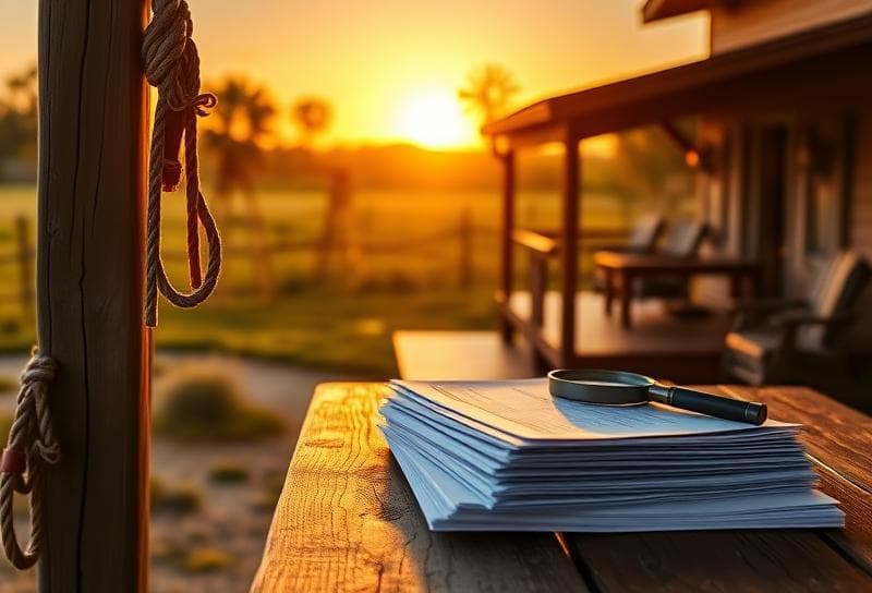 Sunset over a Texas ranch with property tax documents on a porch, symbolizing Harris County