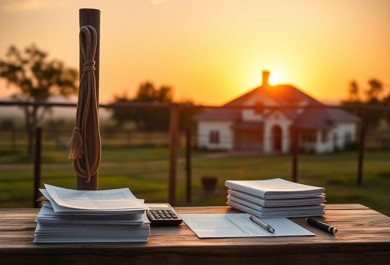 Texas ranch sunset with Houston-style home, lasso on fence, and property tax documents for Bexar