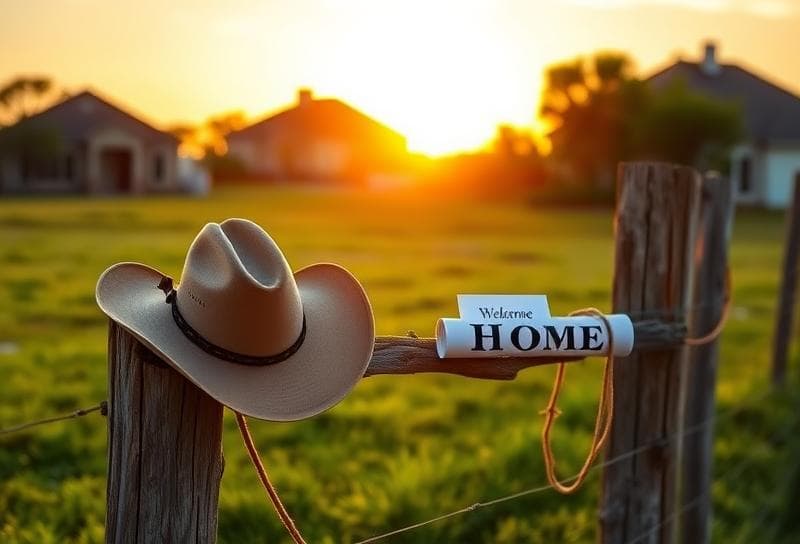 Sunset over a Texas ranch with a cowboy hat and lasso-tied property tax document, symbolizing