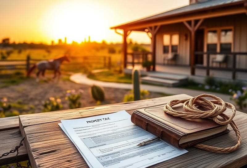 Texas ranch sunset with property tax documents, lasso, and Houston skyline for Spring Branch homeowners.
