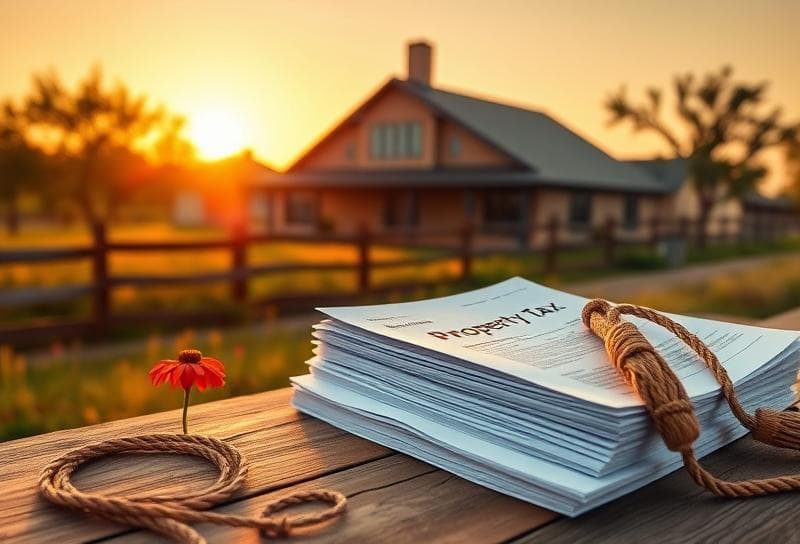 Texas ranch sunset with property tax documents and lasso, symbolizing proactive property tax solutions